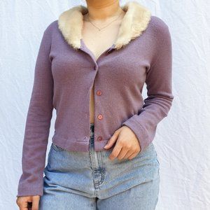 VINTAGE LILAC FUR TRIMMED CARDIGAN